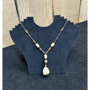 Vintage Avon Gold Tone Filigree Faux Ivory Drop Pendant 31" Necklace J18